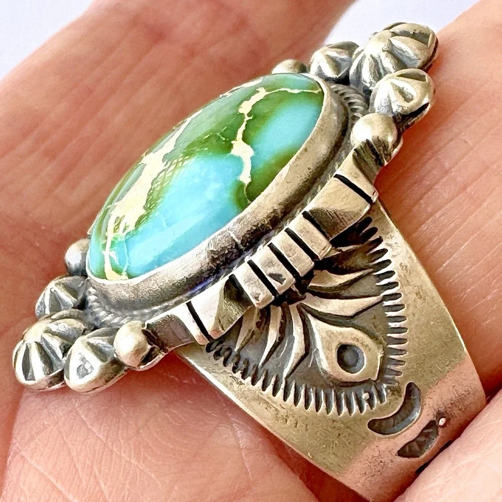 Navajo‎ Turquoise Ring Sz 10 Sonoran Gold Sterling Benally Native American Stars